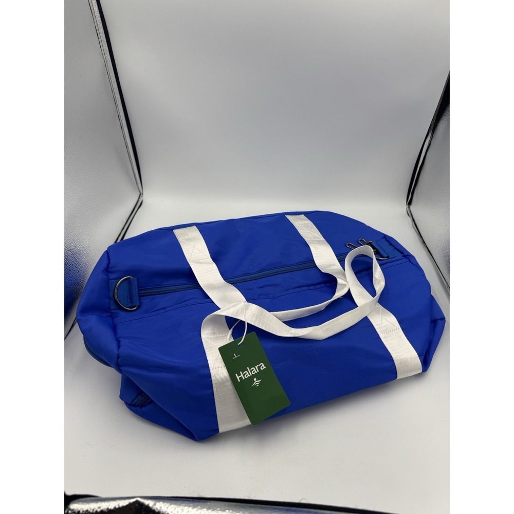 Halara Duffel Gym Bag Blue White Strap Travel Tote Weekender Carryall NWT *strap